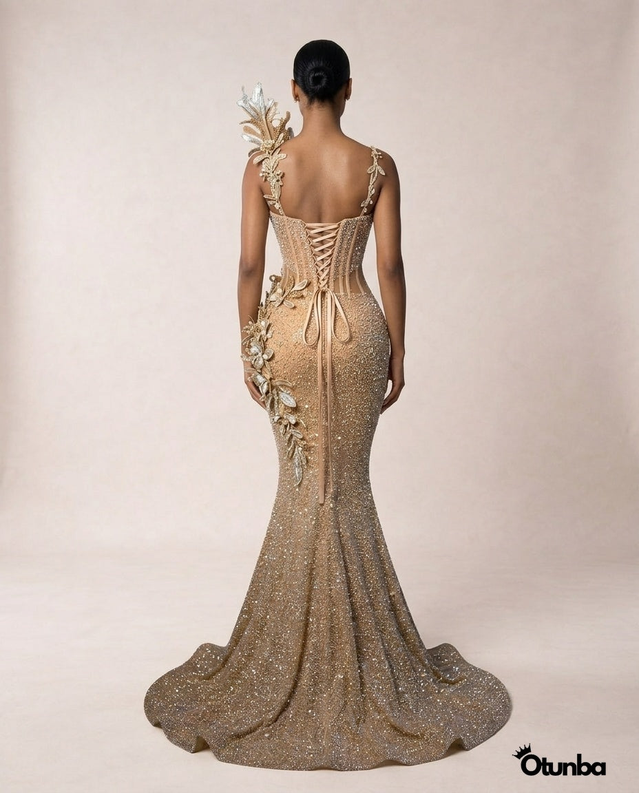 Luxury Mermaid Prom Gown with Floral Beading | Champagne — Photo 2 | OTUNBA Luxury Fashion