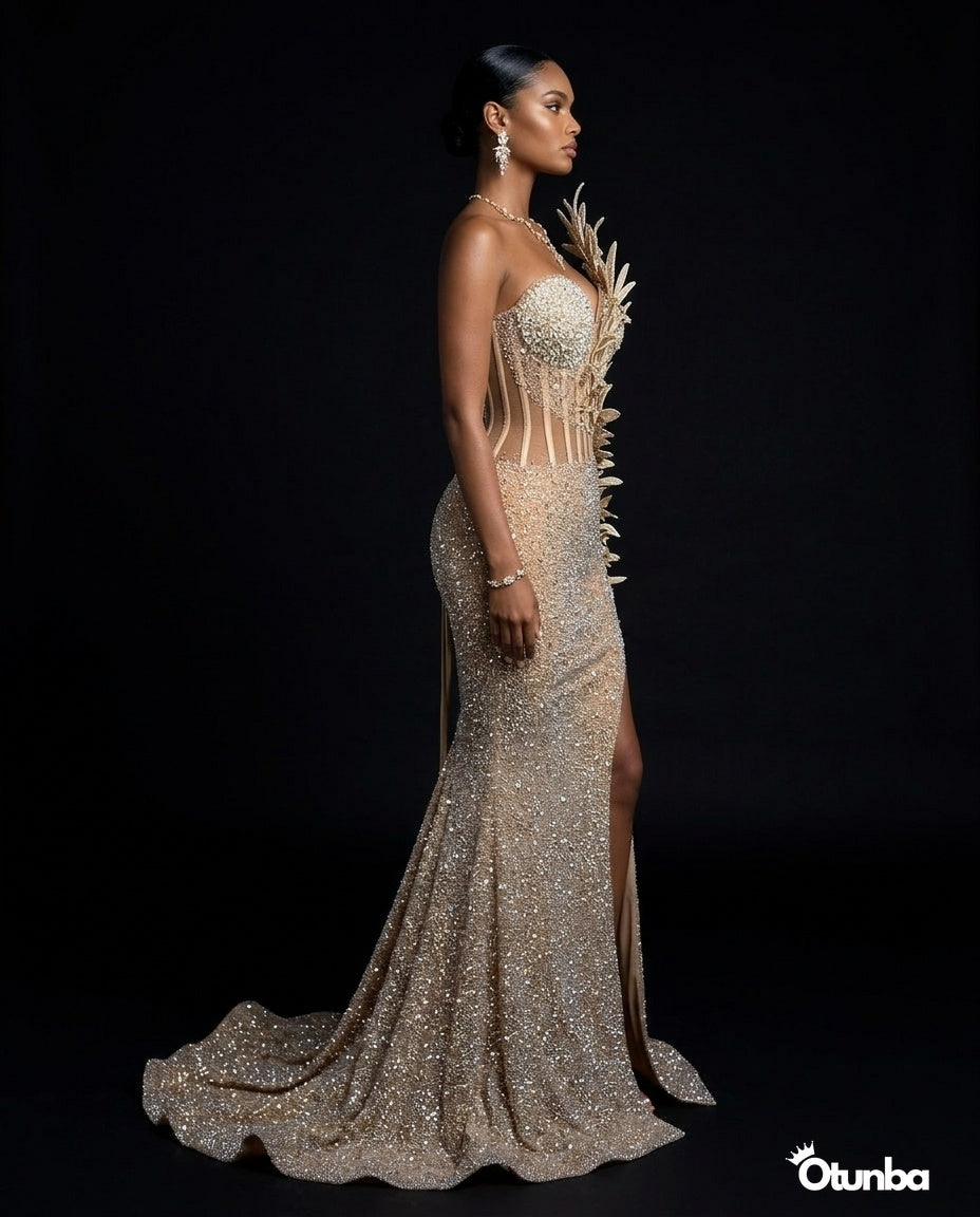 Luxury Mermaid Prom Gown with Floral Beading | Champagne — Photo 4 | OTUNBA Luxury Fashion