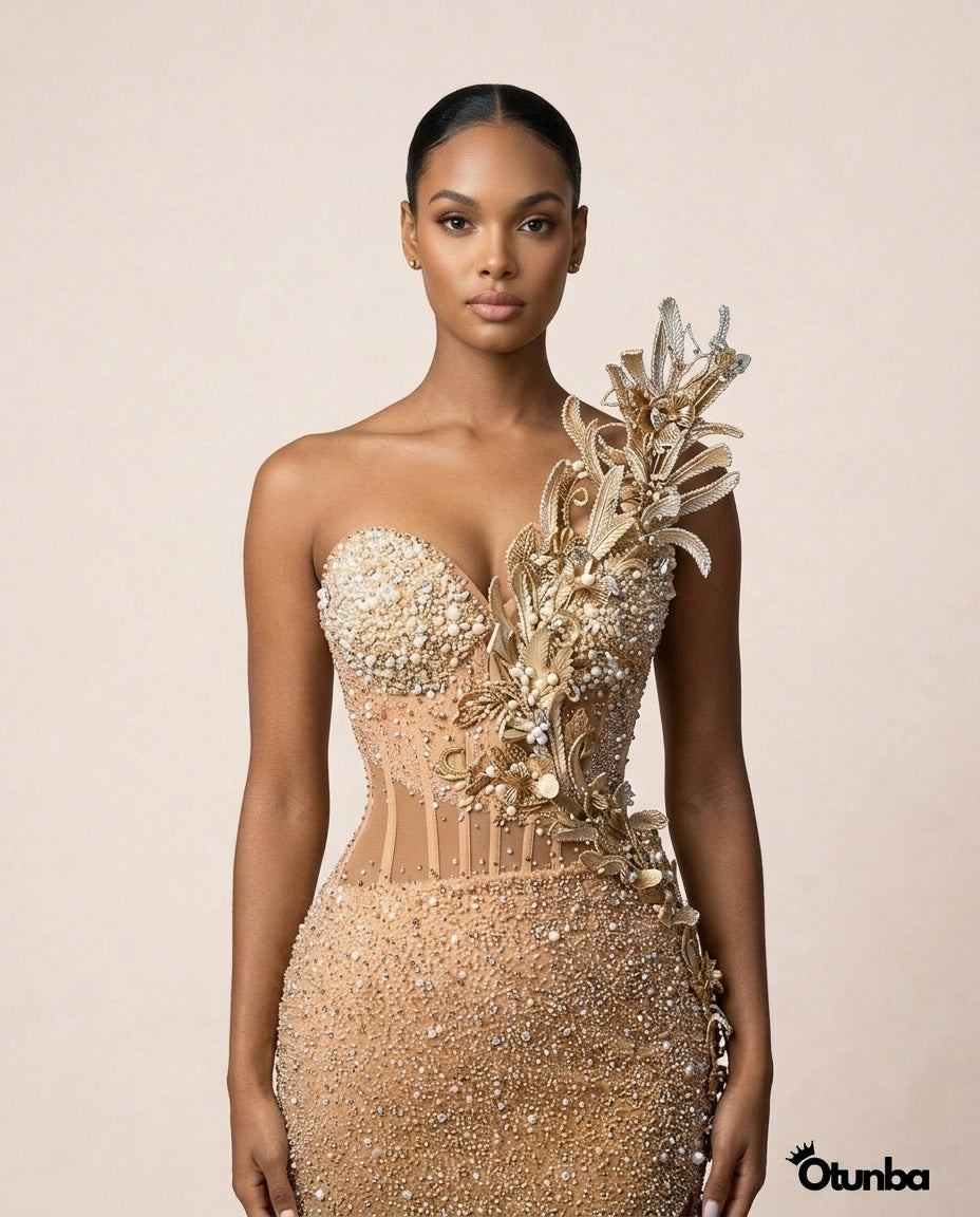 Luxury Mermaid Prom Gown with Floral Beading | Champagne — Photo 5 | OTUNBA Luxury Fashion