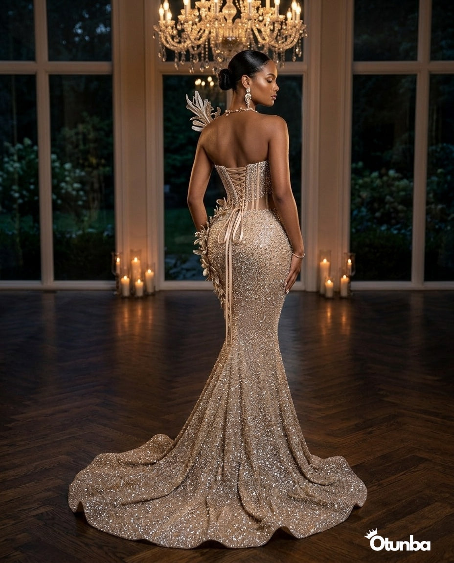 Luxury Mermaid Prom Gown with Floral Beading | Champagne — Social 1 | OTUNBA Luxury Fashion