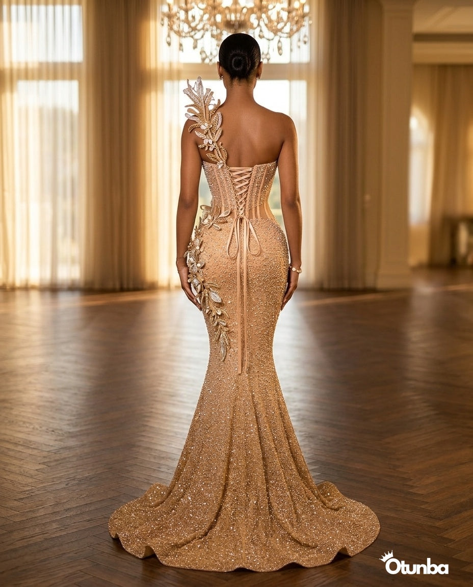 Luxury Mermaid Prom Gown with Floral Beading | Champagne — Social 3 | OTUNBA Luxury Fashion