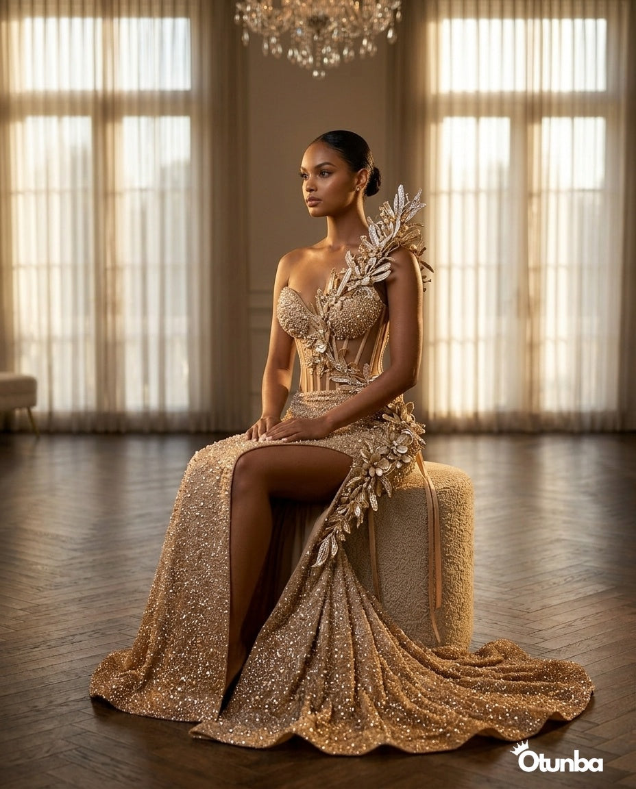 Luxury Mermaid Prom Gown with Floral Beading | Champagne — Social 4 | OTUNBA Luxury Fashion