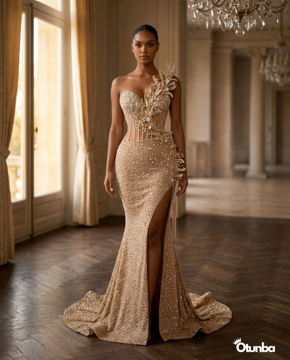 Luxury Mermaid Prom Gown with Floral Beading | Champagne — Social 5 | OTUNBA Luxury Fashion