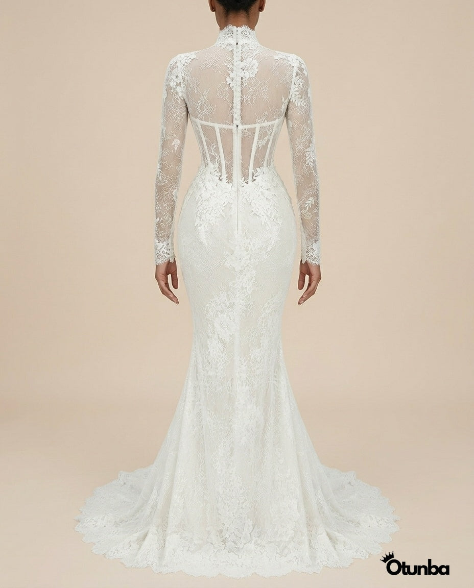 Luxury Mermaid Shiny Beads Pearls Wedding Dress | Long Sleeve Turtle Neck