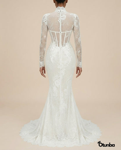 Luxury Mermaid Shiny Beads Pearls Wedding Dress | Long Sleeve Turtle Neck — Photo 1 | OTUNBA Luxury Fashion