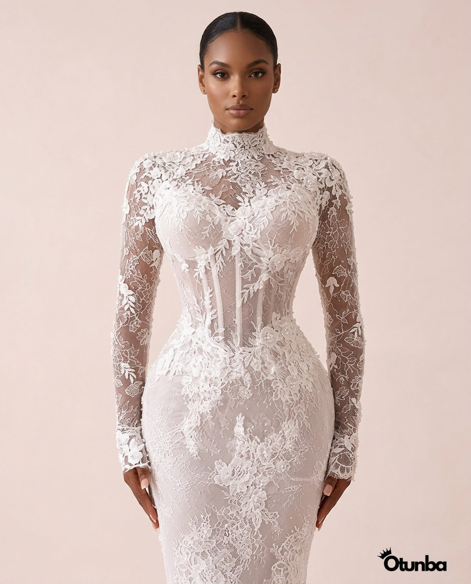 Luxury Mermaid Shiny Beads Pearls Wedding Dress | Long Sleeve Turtle Neck