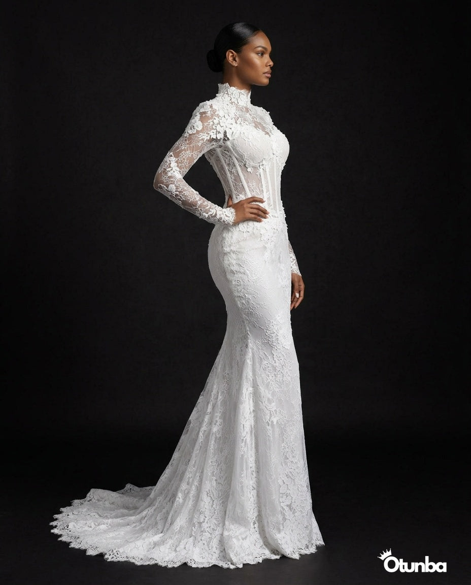 Luxury Mermaid Shiny Beads Pearls Wedding Dress | Long Sleeve Turtle Neck — Photo 3 | OTUNBA Luxury Fashion