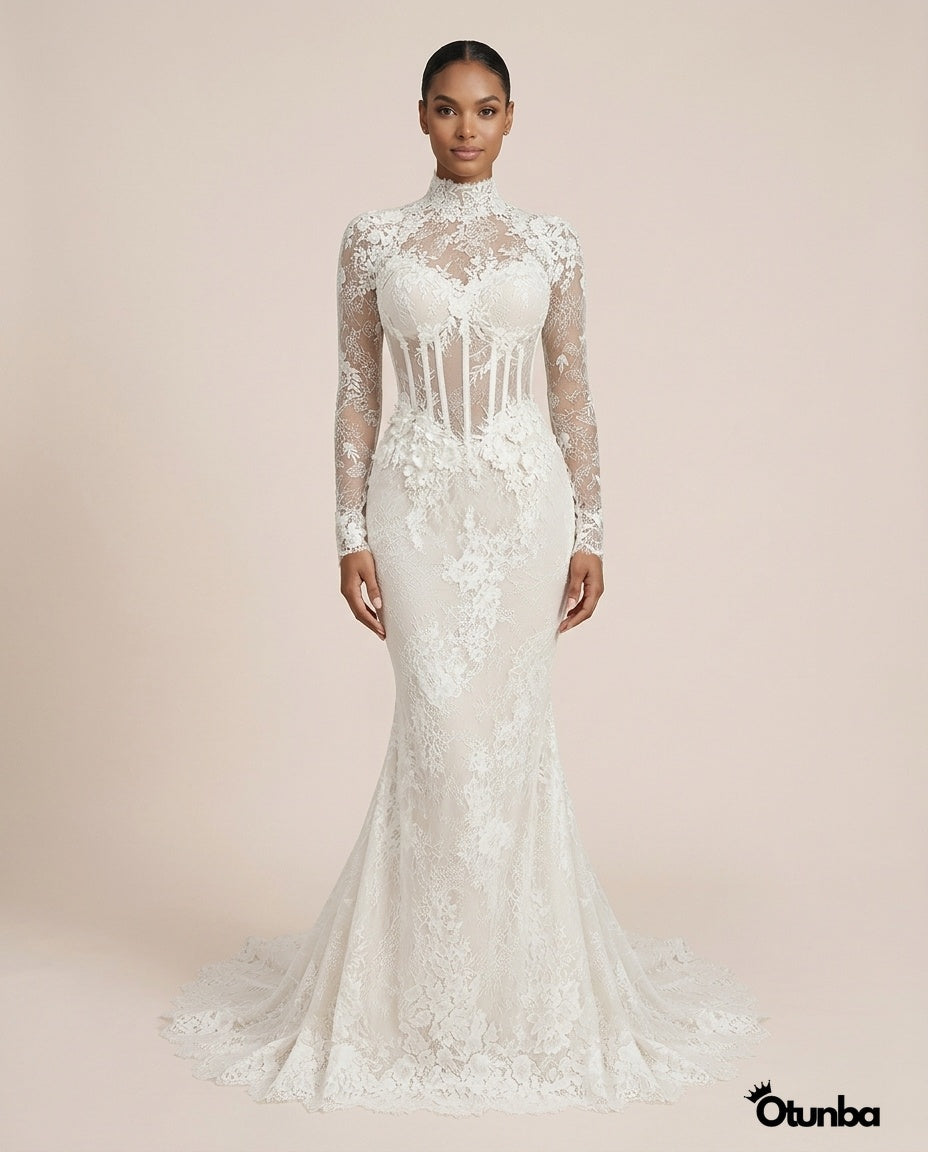 Luxury Mermaid Shiny Beads Pearls Wedding Dress | Long Sleeve Turtle Neck