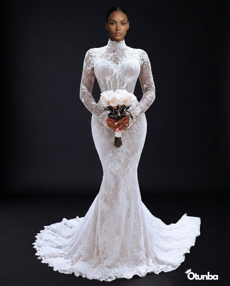 Luxury Mermaid Shiny Beads Pearls Wedding Dress | Long Sleeve Turtle Neck — Photo 5 | OTUNBA Luxury Fashion