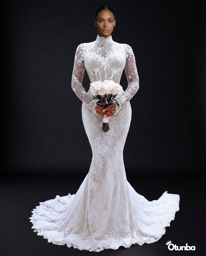 Luxury Mermaid Shiny Beads Pearls Wedding Dress | Long Sleeve Turtle Neck — Photo 5 | OTUNBA Luxury Fashion