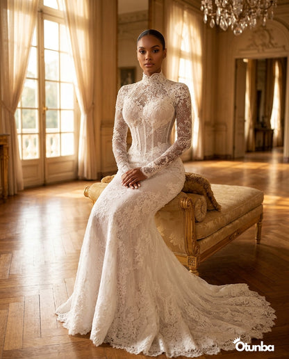 Luxury Mermaid Shiny Beads Pearls Wedding Dress | Long Sleeve Turtle Neck — Social 1 | OTUNBA Luxury Fashion