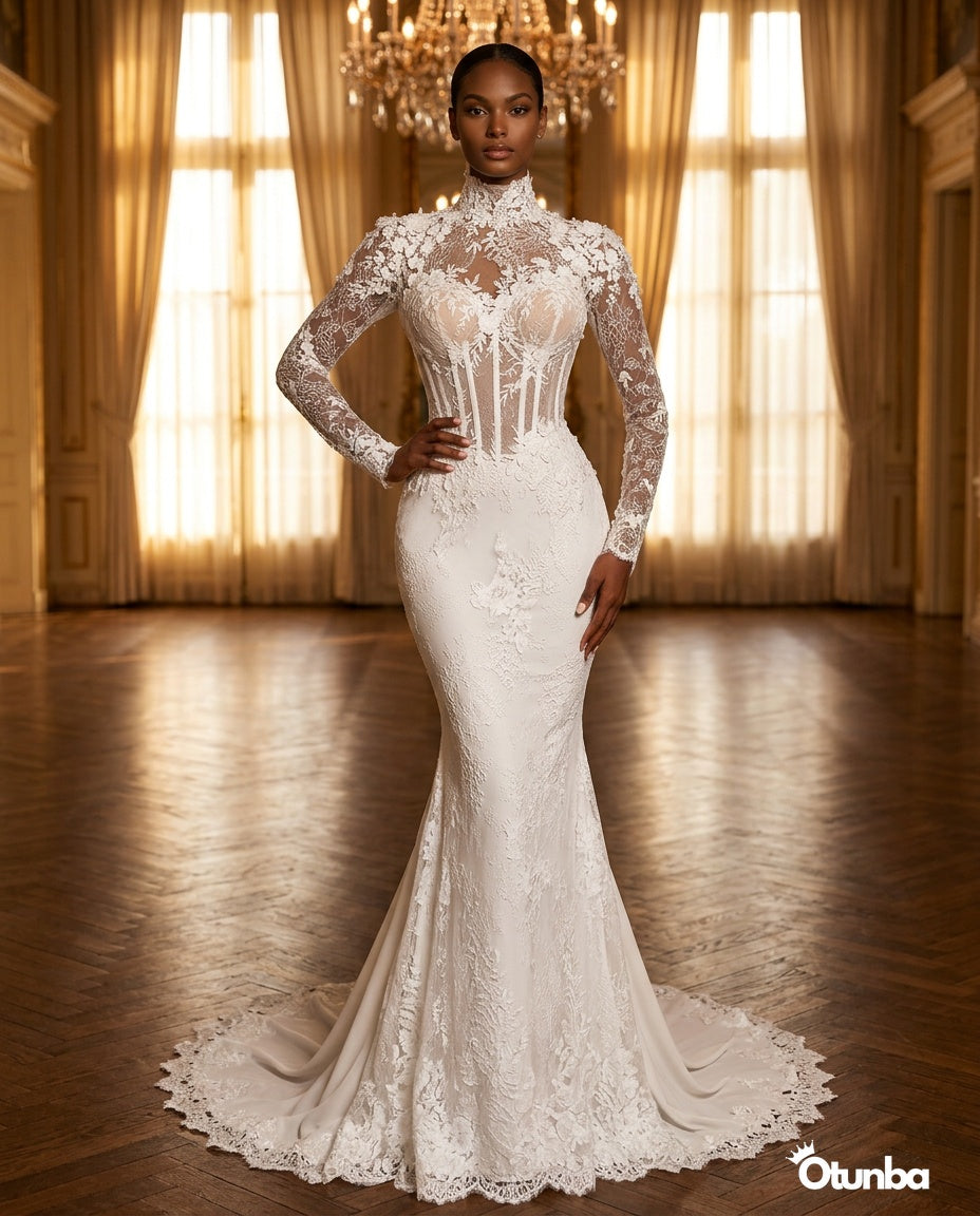 Luxury Mermaid Shiny Beads Pearls Wedding Dress | Long Sleeve Turtle Neck — Social 2 | OTUNBA Luxury Fashion