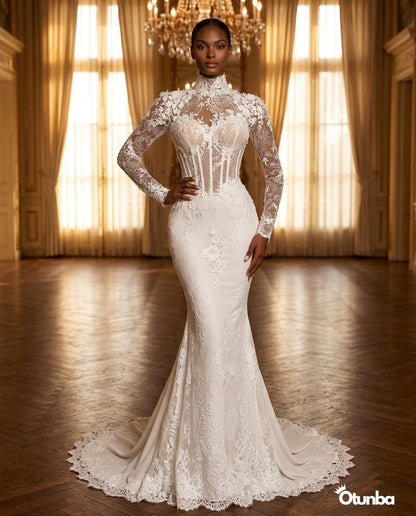 Luxury Mermaid Shiny Beads Pearls Wedding Dress | Long Sleeve Turtle Neck — Social 2 | OTUNBA Luxury Fashion