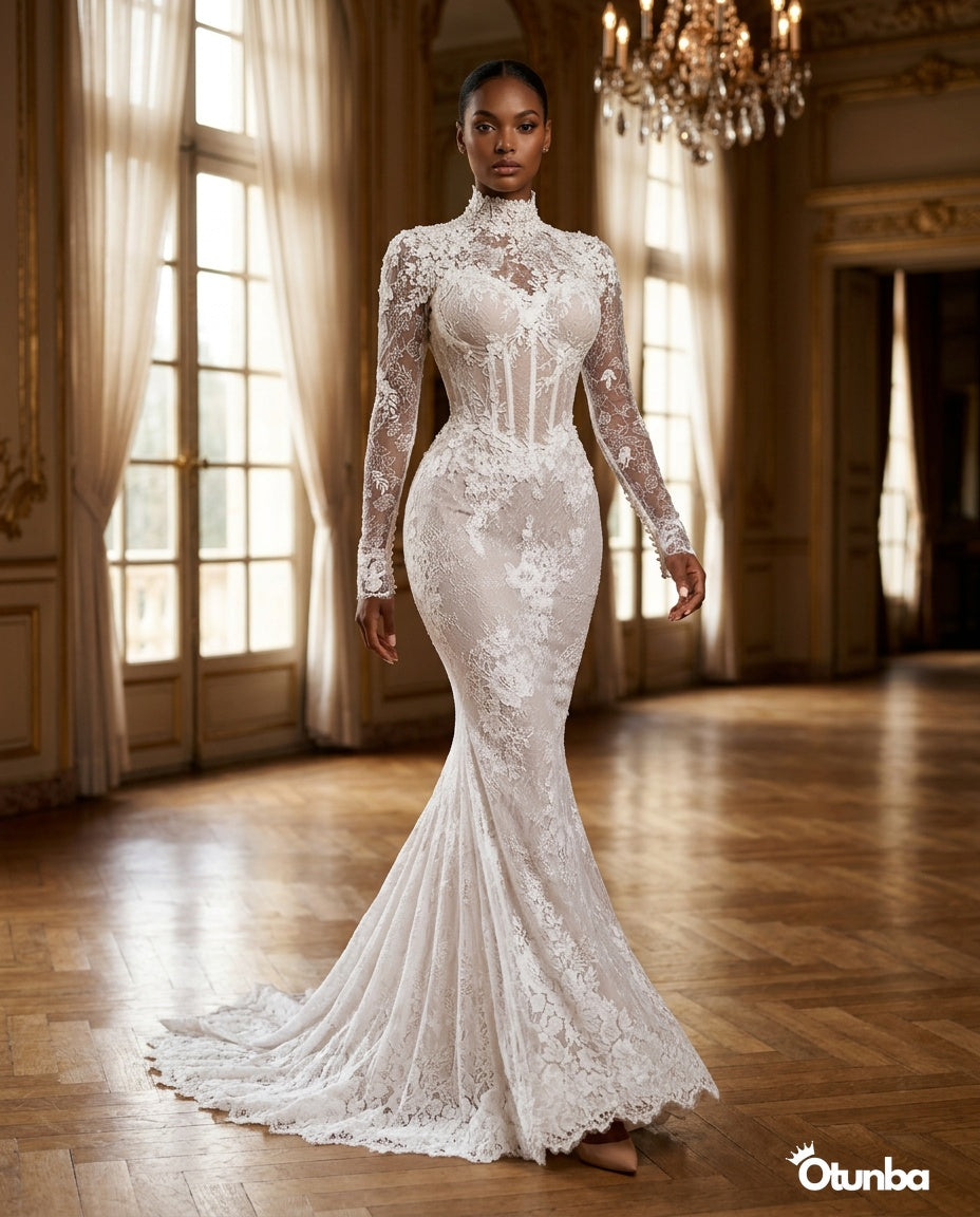 Luxury Mermaid Shiny Beads Pearls Wedding Dress | Long Sleeve Turtle Neck — Social 3 | OTUNBA Luxury Fashion