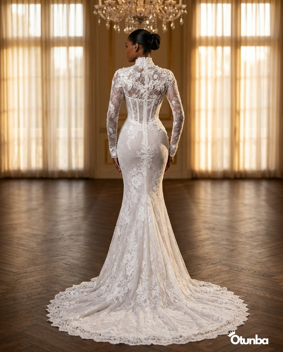 Luxury Mermaid Shiny Beads Pearls Wedding Dress | Long Sleeve Turtle Neck — Social 4 | OTUNBA Luxury Fashion