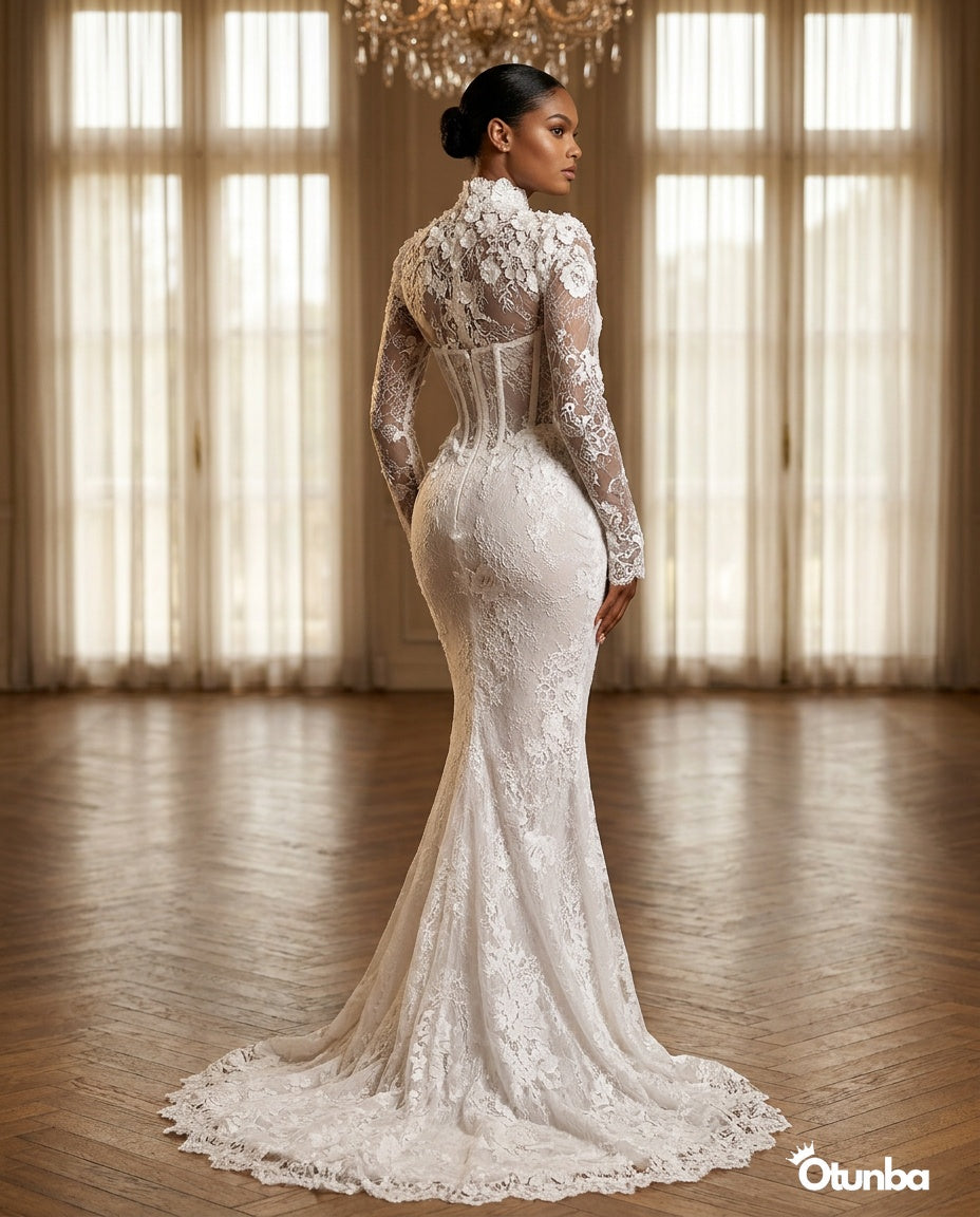 Luxury Mermaid Shiny Beads Pearls Wedding Dress | Long Sleeve Turtle Neck — Social 5 | OTUNBA Luxury Fashion