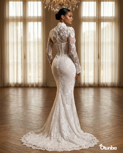 Luxury Mermaid Shiny Beads Pearls Wedding Dress | Long Sleeve Turtle Neck — Social 5 | OTUNBA Luxury Fashion