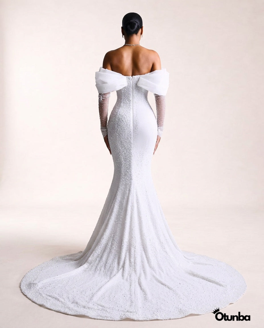 Luxury Mermaid Wedding Dress | Long Sleeves OffShoulder