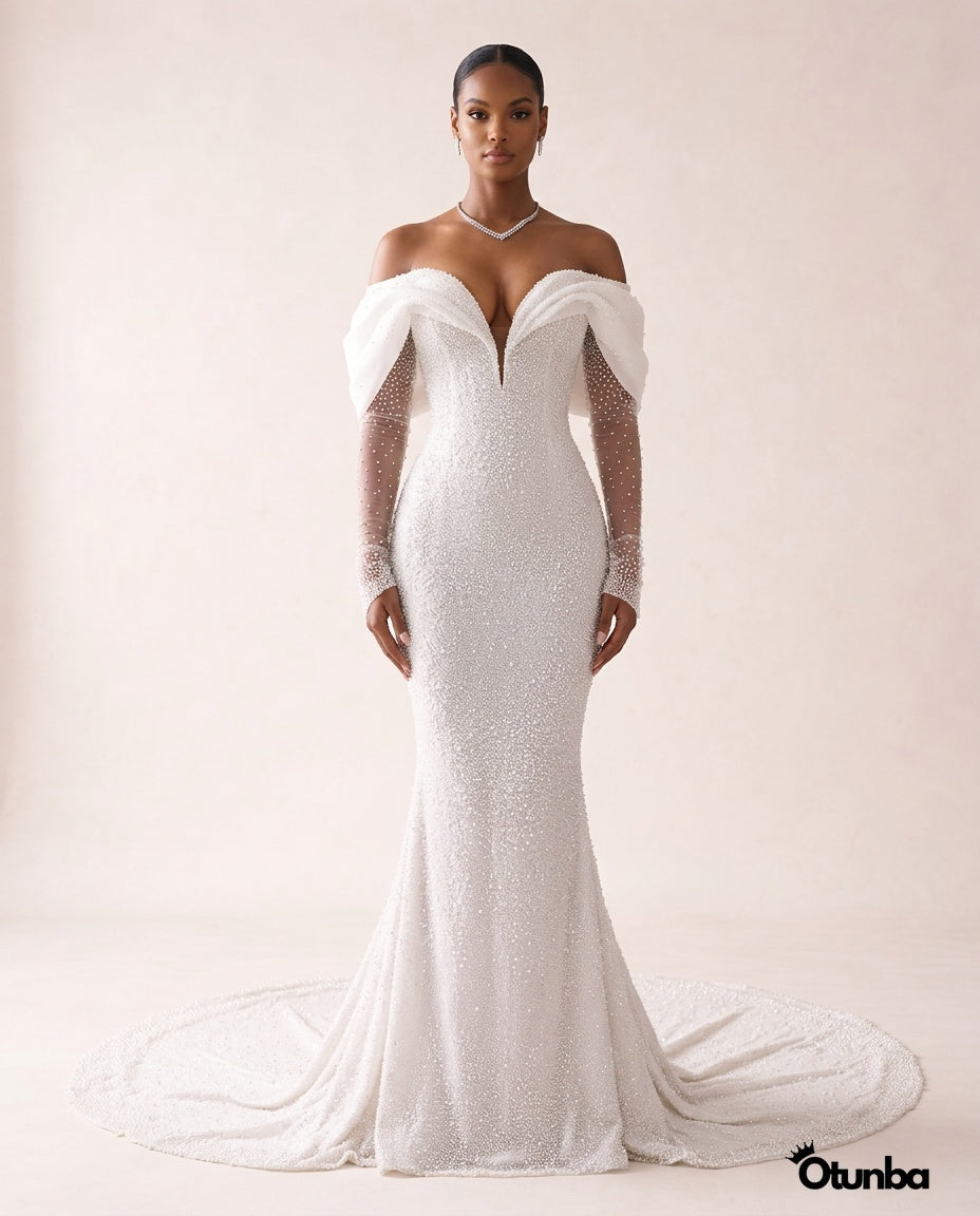 Luxury Mermaid Wedding Dress | Long Sleeves OffShoulder — Photo 4 | OTUNBA Luxury Fashion