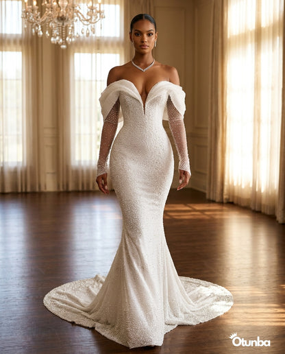 Luxury Mermaid Wedding Dress | Long Sleeves OffShoulder — Social 1 | OTUNBA Luxury Fashion