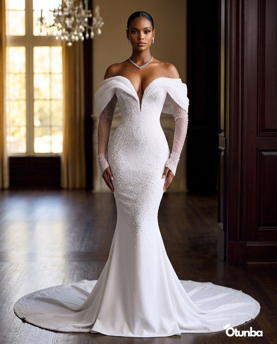 Luxury Mermaid Wedding Dress | Long Sleeves OffShoulder — Social 2 | OTUNBA Luxury Fashion