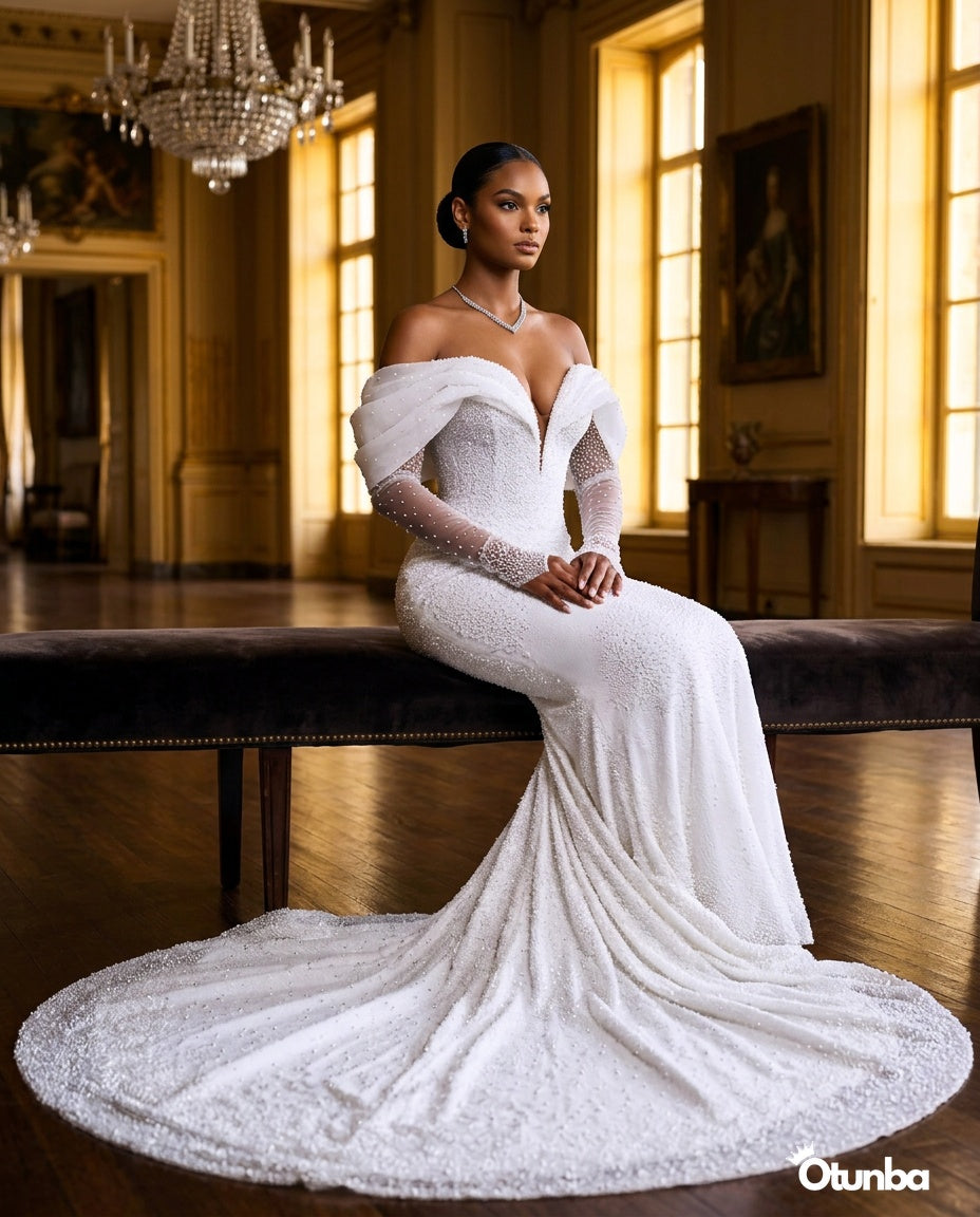 Luxury Mermaid Wedding Dress | Long Sleeves OffShoulder — Social 3 | OTUNBA Luxury Fashion