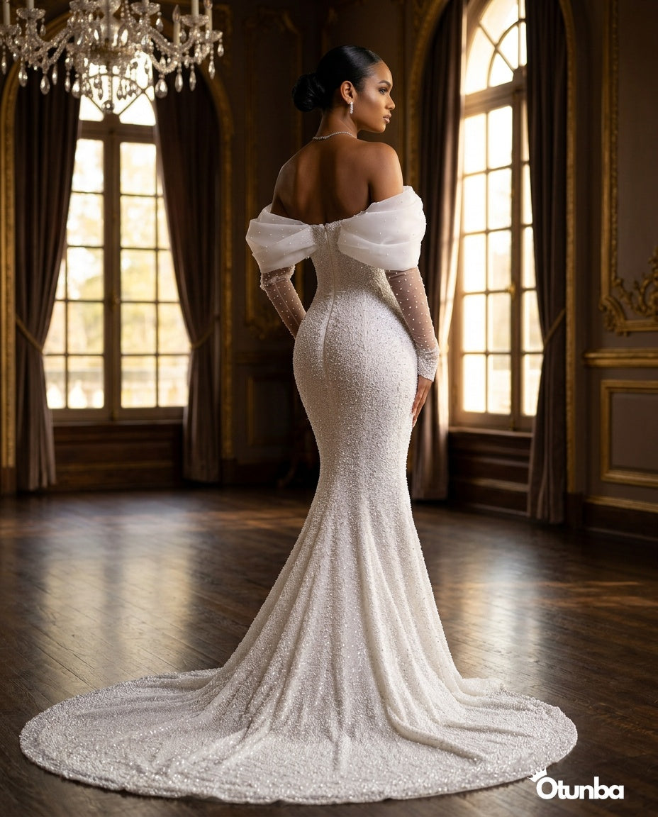 Luxury Mermaid Wedding Dress | Long Sleeves OffShoulder — Social 4 | OTUNBA Luxury Fashion