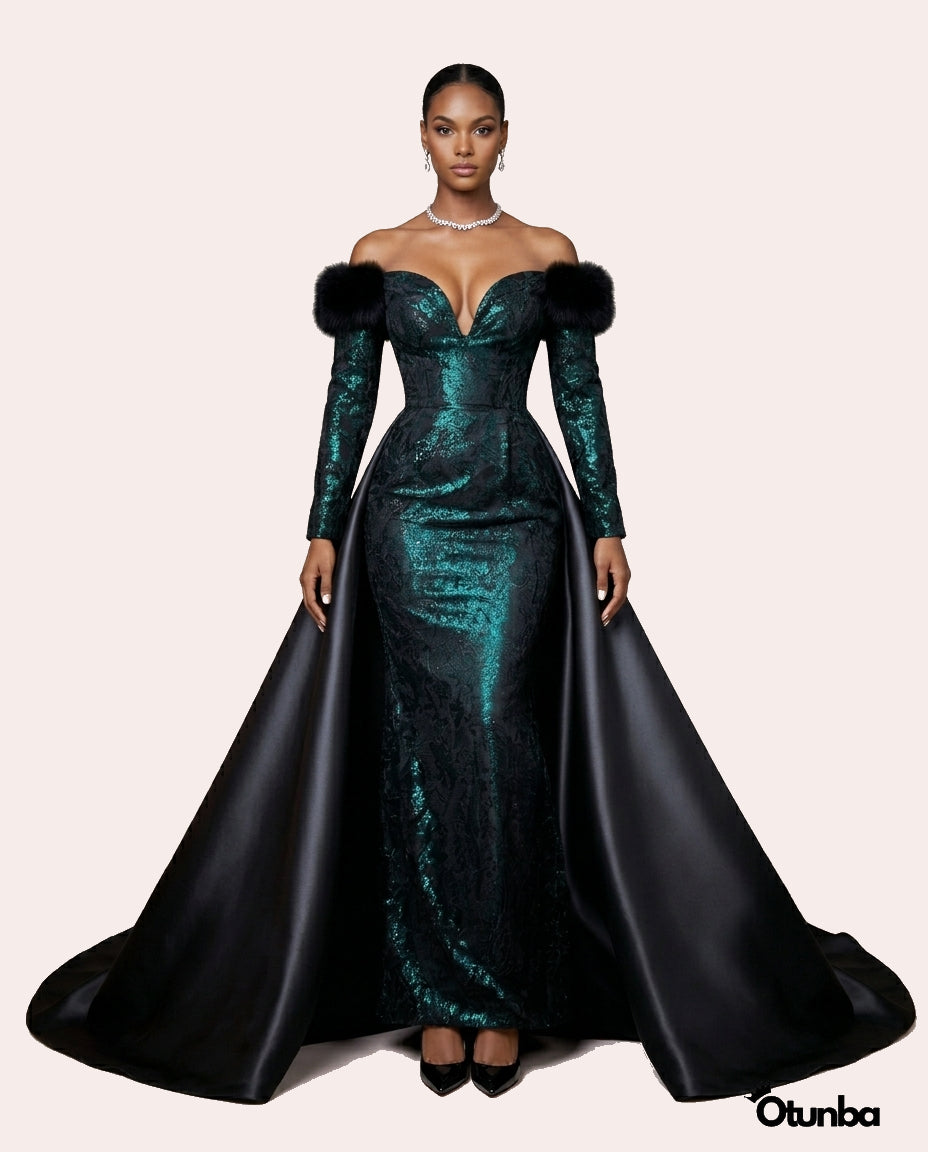 Luxury Off the Shoulder Couture Gown | Green and Black — Photo 1 | OTUNBA Luxury Fashion