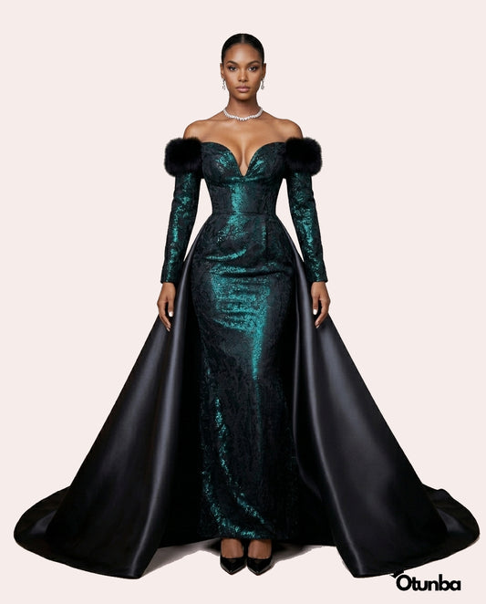 Luxury Off the Shoulder Couture Gown | Green and Black — Photo 1 | OTUNBA Luxury Fashion