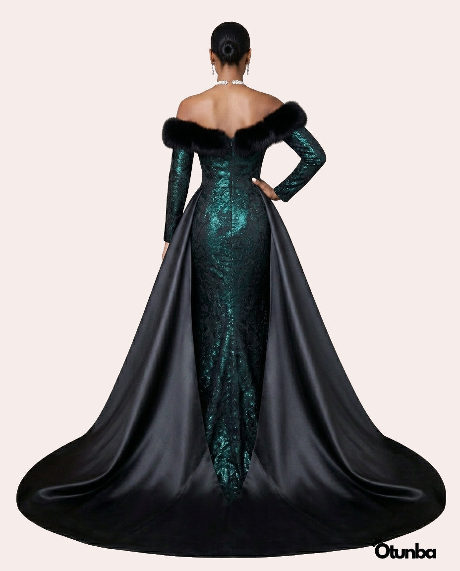 Luxury Off the Shoulder Couture Gown | Green and Black