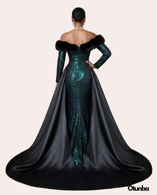 Luxury Off the Shoulder Couture Gown | Green and Black — Photo 2 | OTUNBA Luxury Fashion