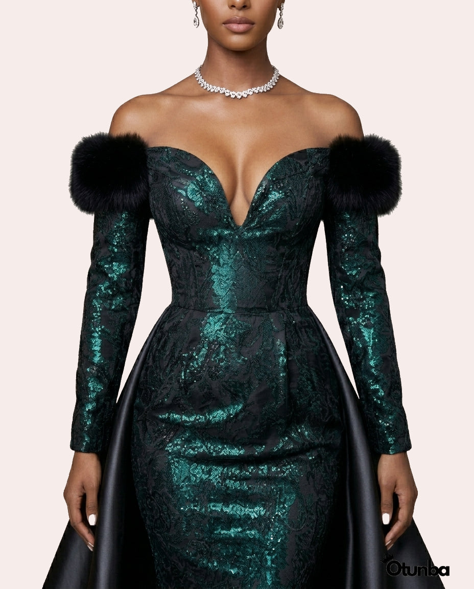 Luxury Off the Shoulder Couture Gown | Green and Black