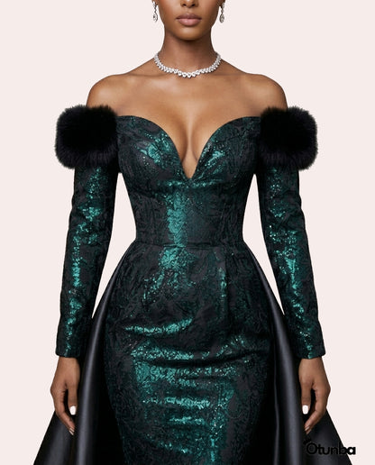 Luxury Off the Shoulder Couture Gown | Green and Black — Photo 3 | OTUNBA Luxury Fashion