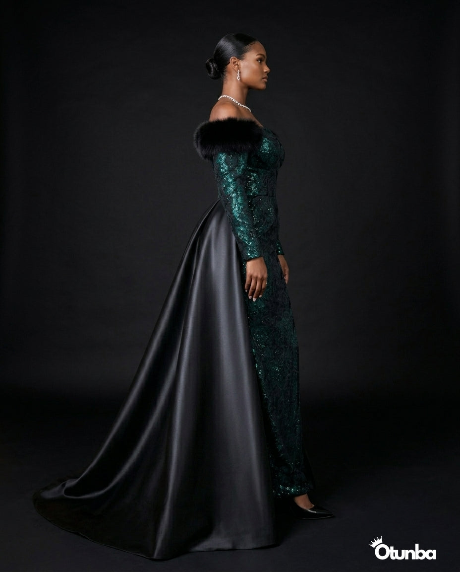 Luxury Off the Shoulder Couture Gown | Green and Black — Photo 4 | OTUNBA Luxury Fashion