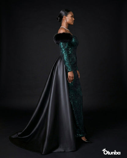 Luxury Off the Shoulder Couture Gown | Green and Black — Photo 4 | OTUNBA Luxury Fashion