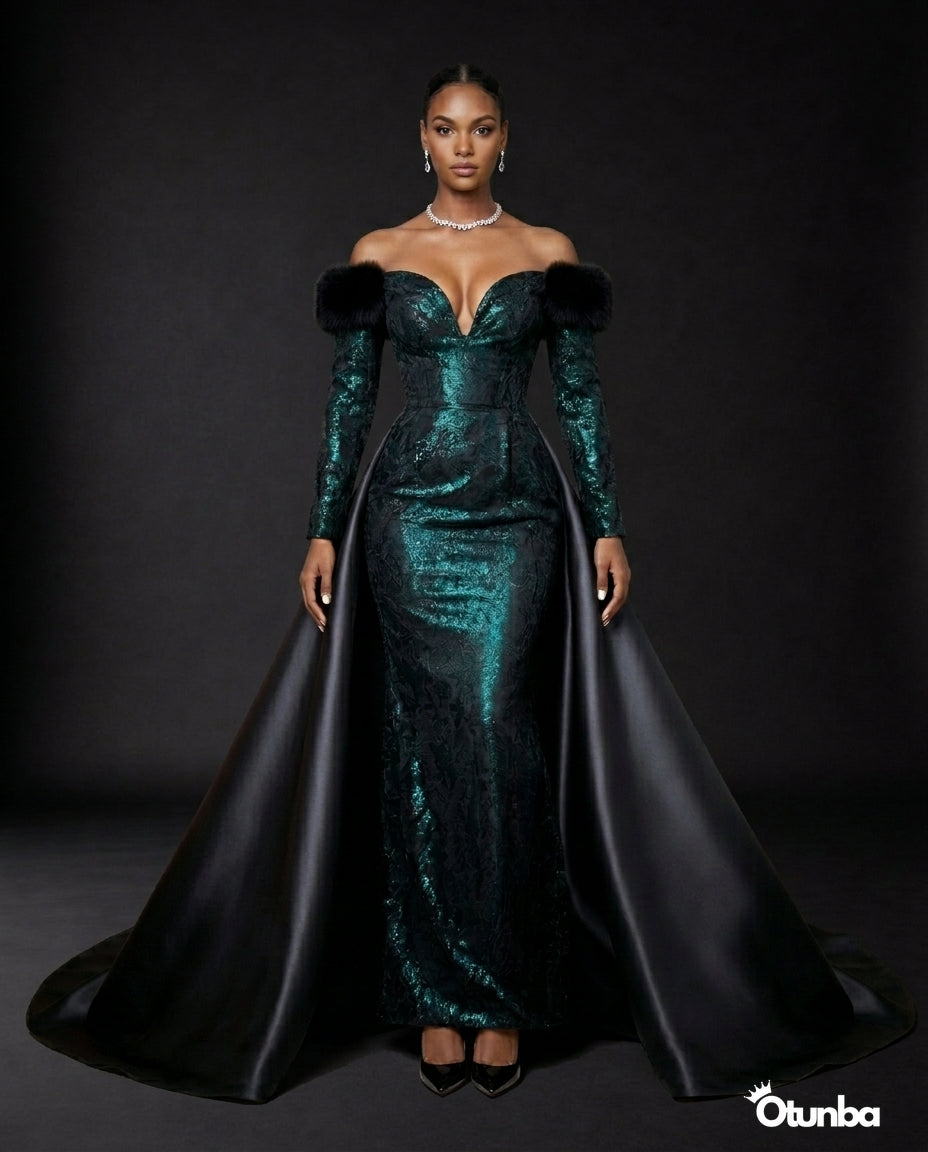 Luxury Off the Shoulder Couture Gown | Green and Black — Photo 5 | OTUNBA Luxury Fashion