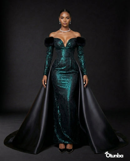 Luxury Off the Shoulder Couture Gown | Green and Black — Photo 5 | OTUNBA Luxury Fashion