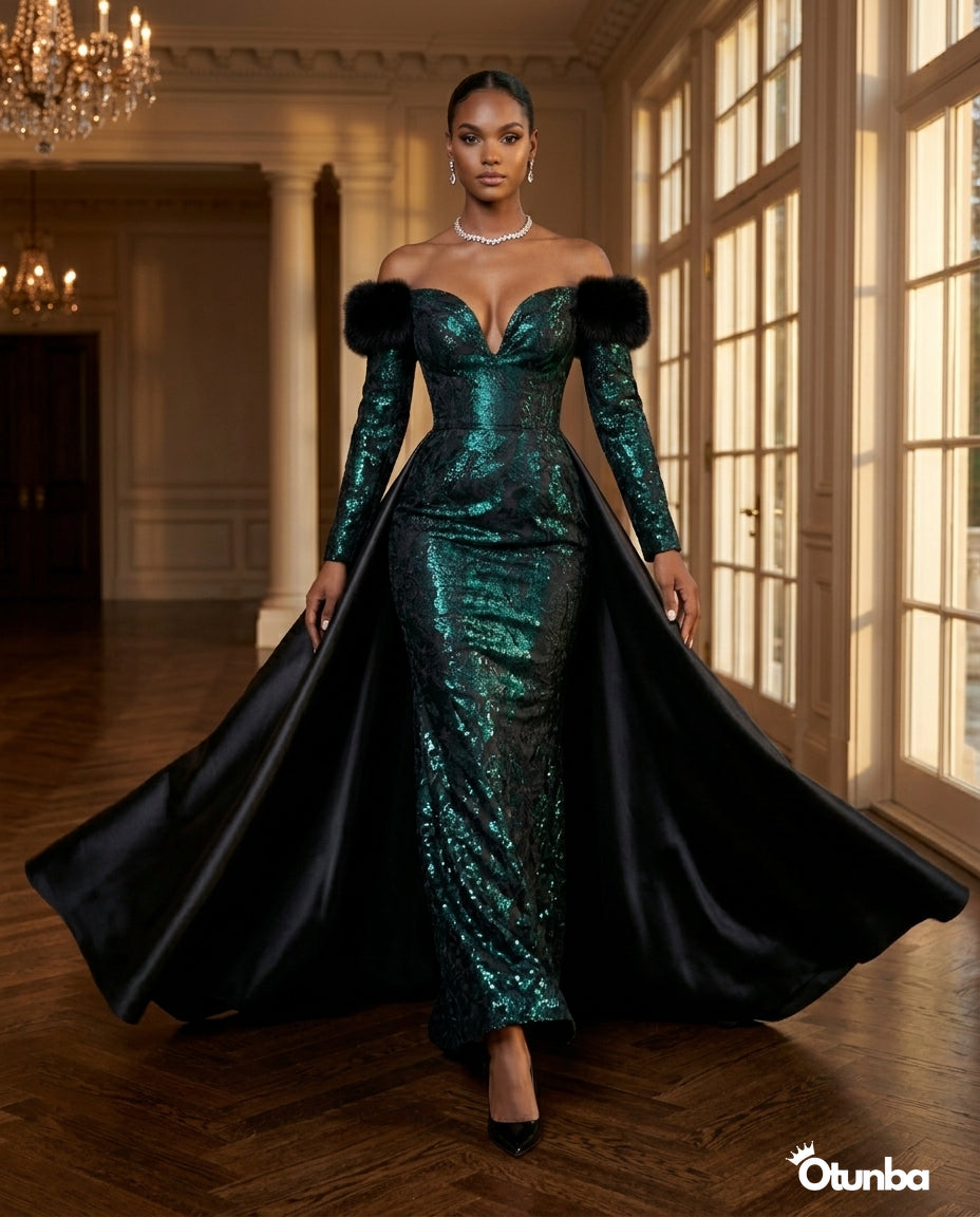 Luxury Off the Shoulder Couture Gown | Green and Black — Social 1 | OTUNBA Luxury Fashion
