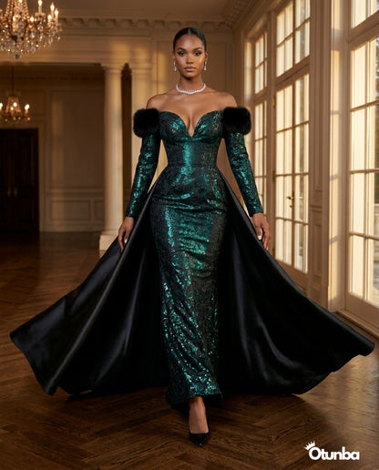 Luxury Off the Shoulder Couture Gown | Green and Black — Social 1 | OTUNBA Luxury Fashion