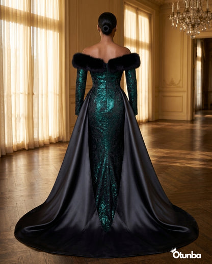 Luxury Off the Shoulder Couture Gown | Green and Black — Social 2 | OTUNBA Luxury Fashion