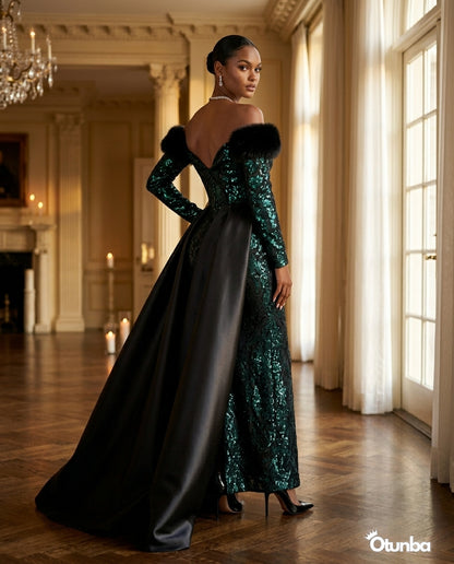Luxury Off the Shoulder Couture Gown | Green and Black — Social 3 | OTUNBA Luxury Fashion