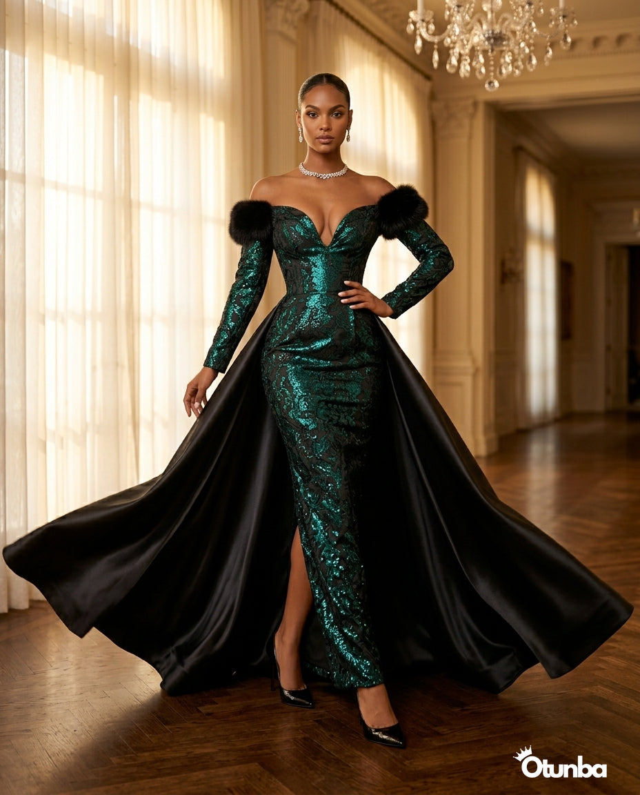 Luxury Off the Shoulder Couture Gown | Green and Black — Social 4 | OTUNBA Luxury Fashion
