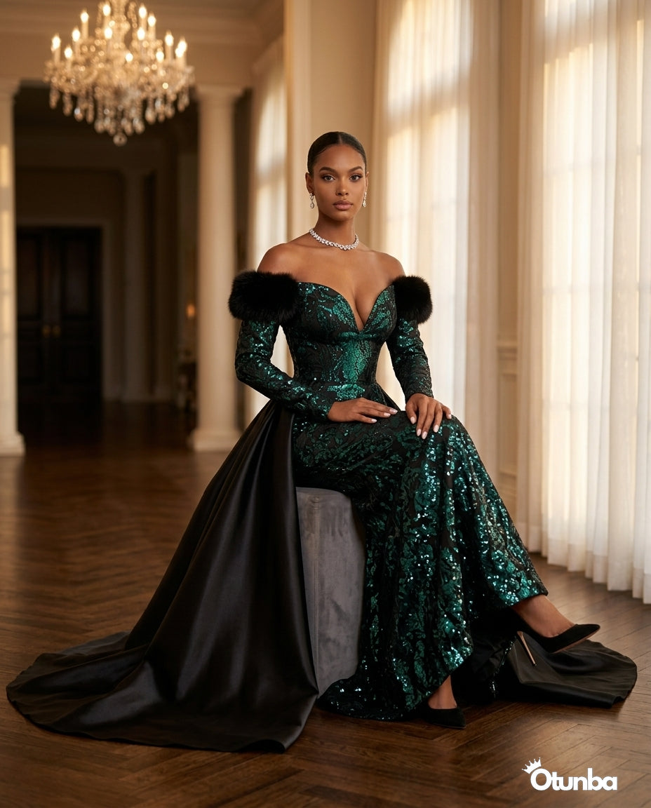 Luxury Off the Shoulder Couture Gown | Green and Black — Social 5 | OTUNBA Luxury Fashion