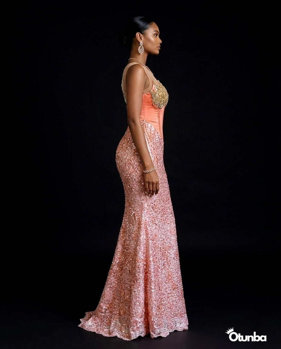 Luxury Party Beaded Lace Dress | Pink OTUNBA Luxury Party Beaded Lace Dress | Pink OTUNBA