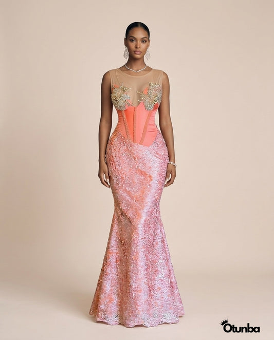 Luxury Party Beaded Lace Dress | Pink — Photo 3 | OTUNBA Luxury Fashion