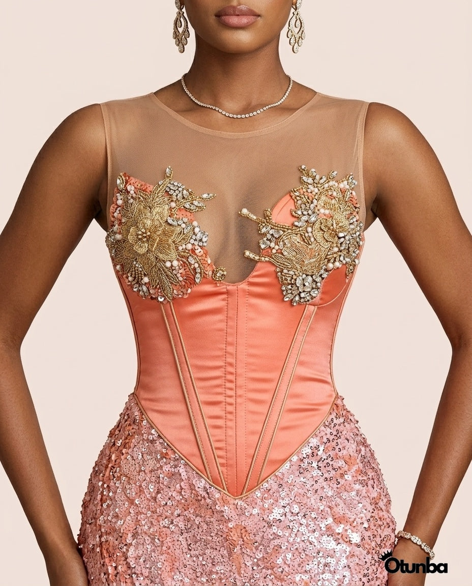 Luxury Party Beaded Lace Dress | Pink — Photo 4 | OTUNBA Luxury Fashion