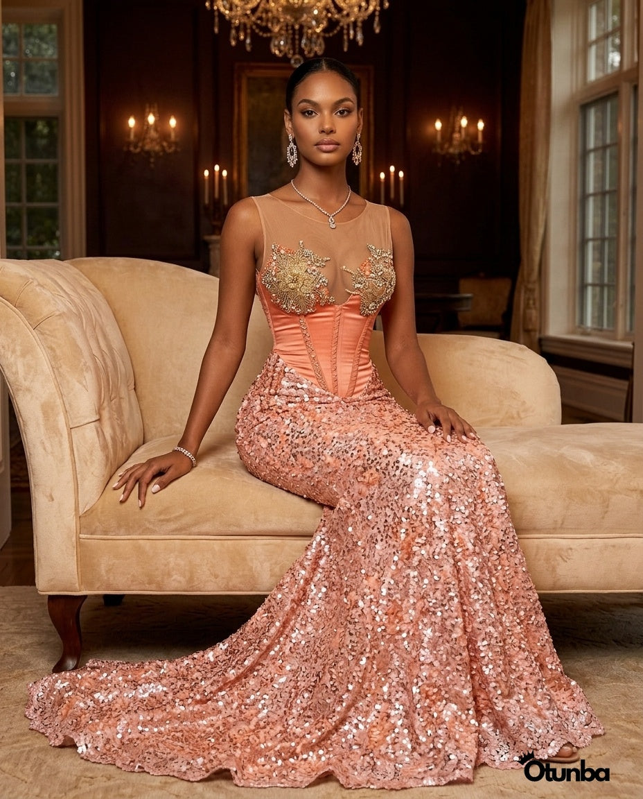 Luxury Party Beaded Lace Dress | Pink  OTUNBA