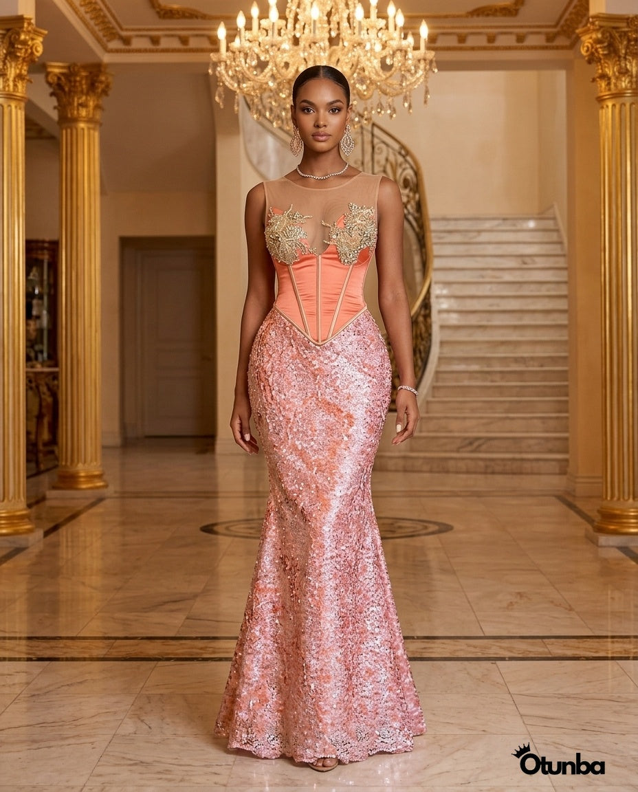 Luxury Party Beaded Lace Dress | Pink — Social 4 | OTUNBA Luxury Fashion