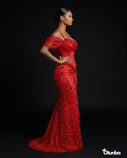 Luxury Party Beaded Lace Dress | Red — Photo 1 | OTUNBA Luxury Fashion