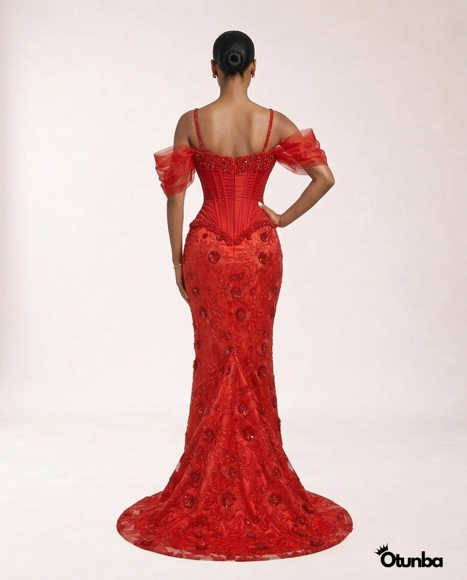 Luxury Party Beaded Lace Dress | Red